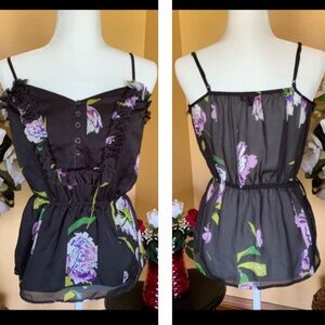 Gap Top Lightweight Black Floral Sleeveless Peplum Tank Top Size XS.
